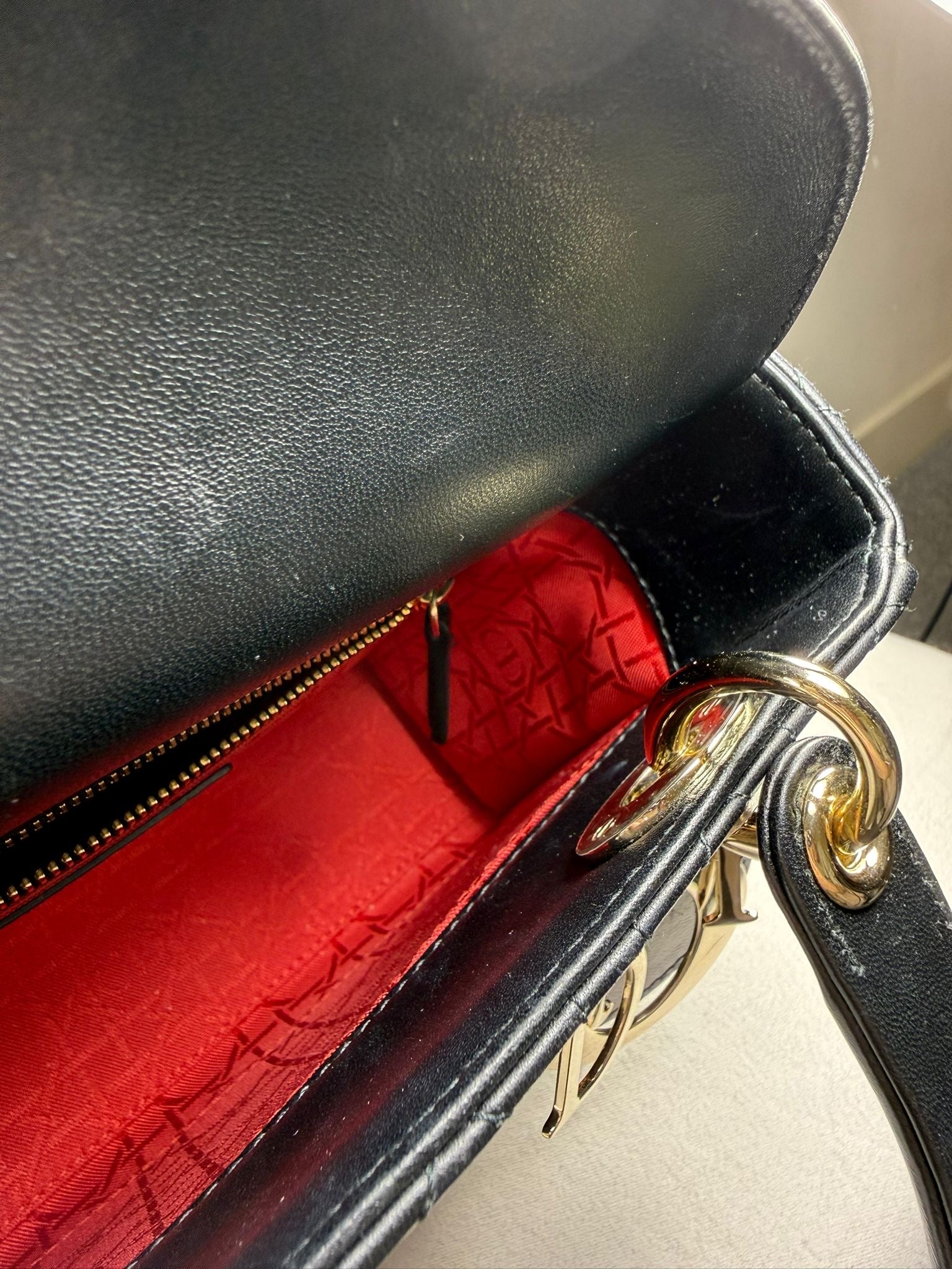 Christian Dior Small Lady Dior Black Lambskin Cannage Bag Gold Hardware + Strap