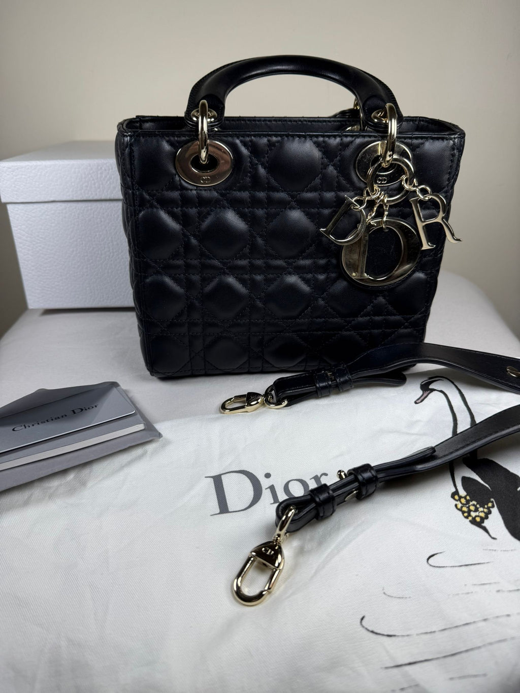 Christian Dior Small Lady Dior Black Lambskin Cannage Bag Gold Hardware + Strap
