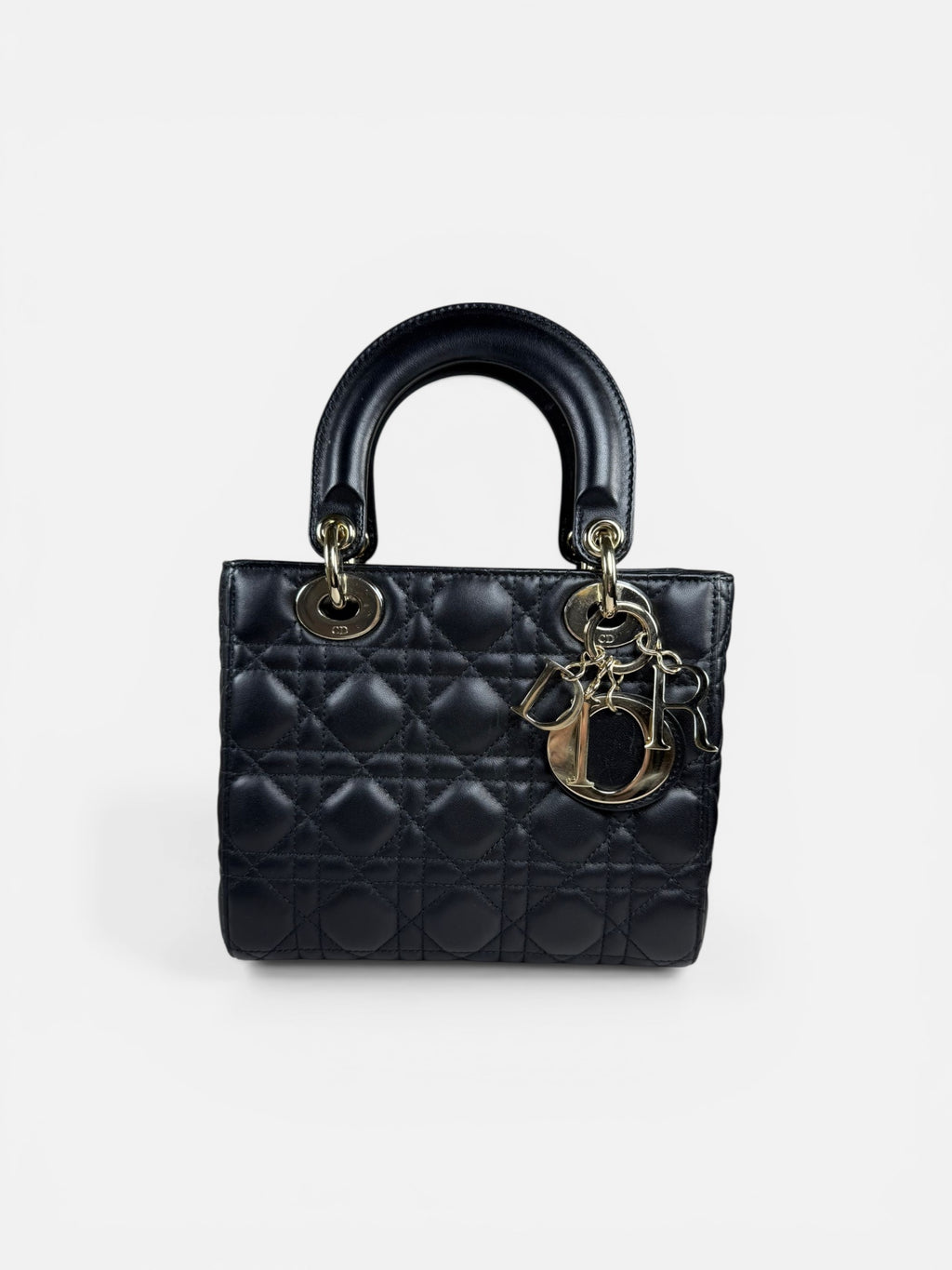 Christian Dior Small Lady Dior Black Lambskin Cannage Bag Gold Hardware + Strap