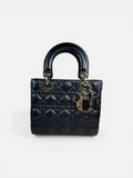 Christian Dior Small Lady Dior Black Lambskin Cannage Bag Gold Hardware + Strap