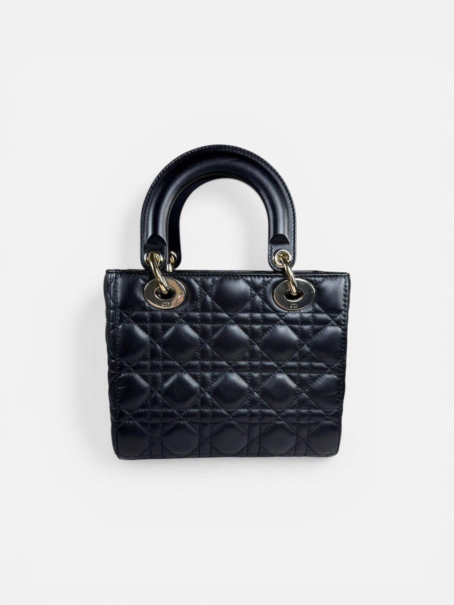 Christian Dior Small Lady Dior Black Lambskin Cannage Bag Gold Hardware + Strap