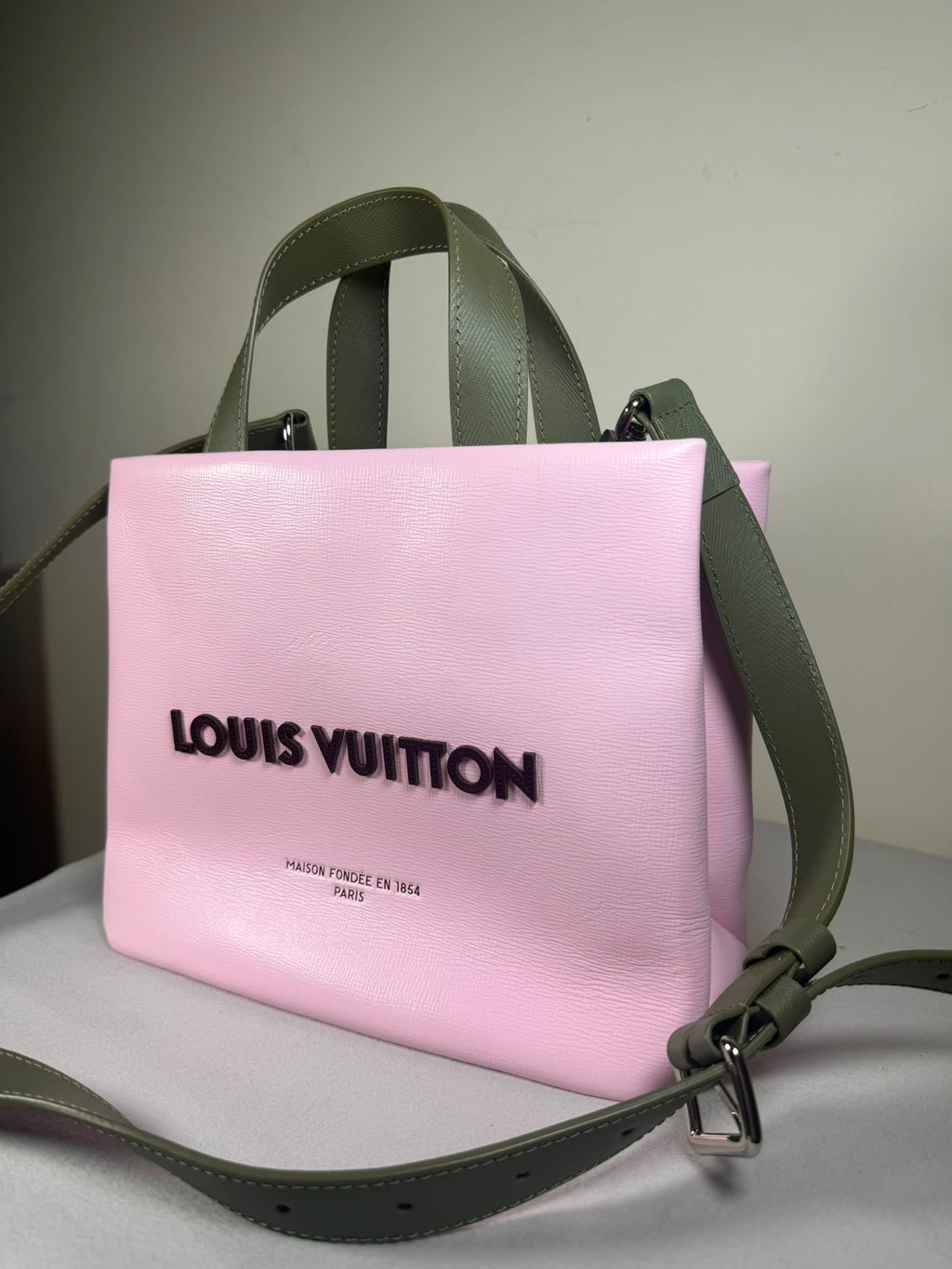Louis Vuitton Pink & Khaki Leather Tote / Crossbody Bag