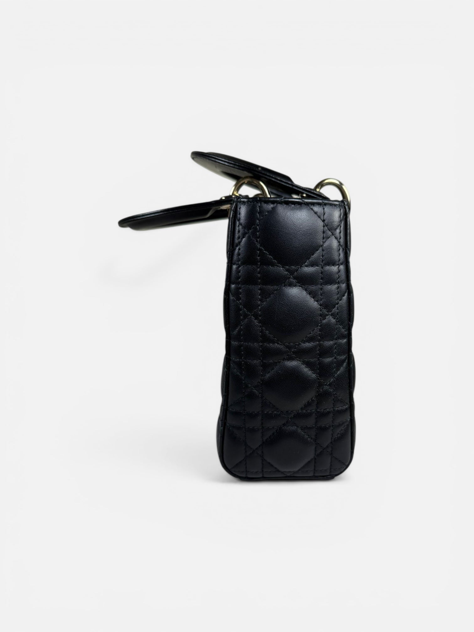 Christian Dior Small Lady Dior Black Lambskin Cannage Bag Gold Hardware + Strap