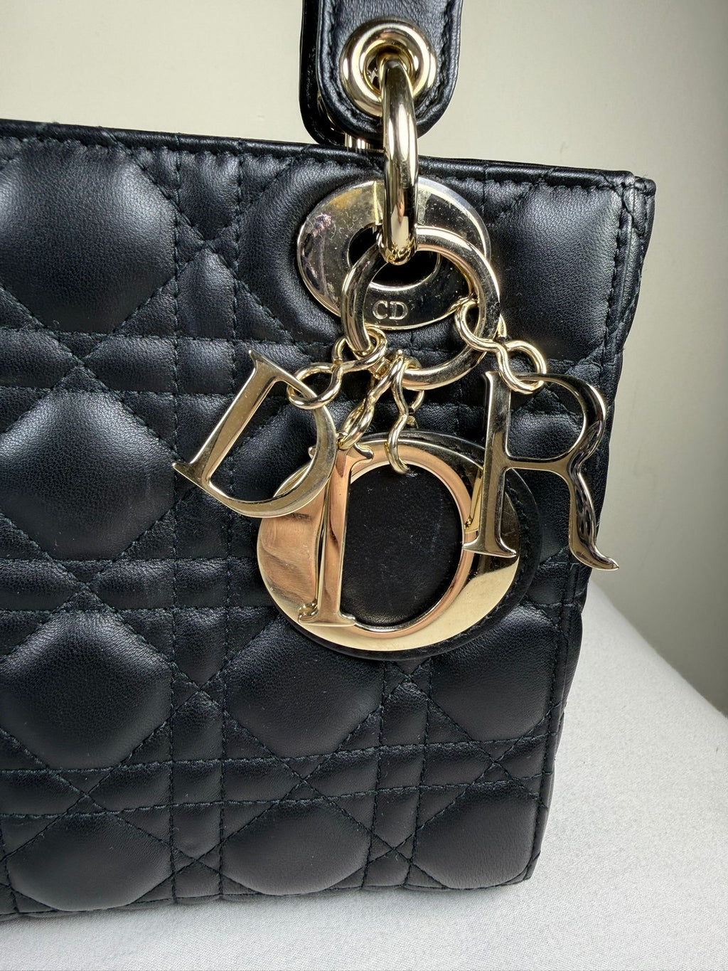 Christian Dior Small Lady Dior Black Lambskin Cannage Bag Gold Hardware + Strap