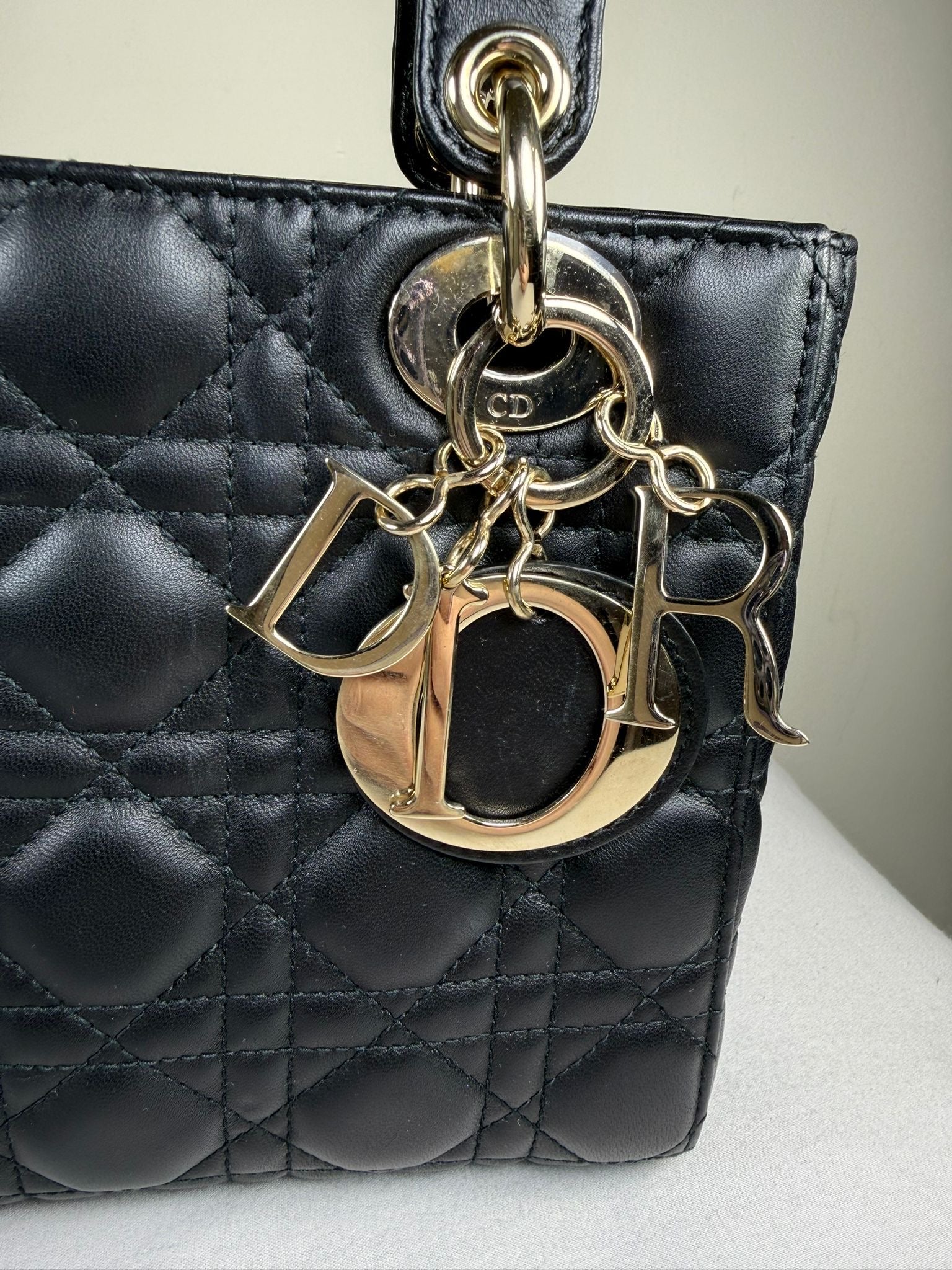 Christian Dior Small Lady Dior Black Lambskin Cannage Bag Gold Hardware + Strap