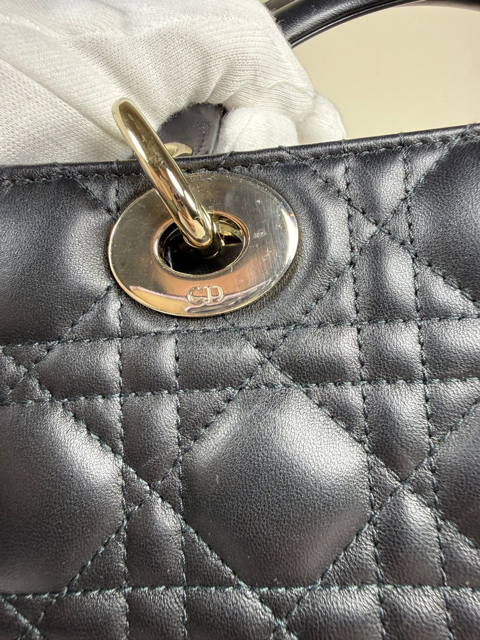 Christian Dior Small Lady Dior Black Lambskin Cannage Bag Gold Hardware + Strap