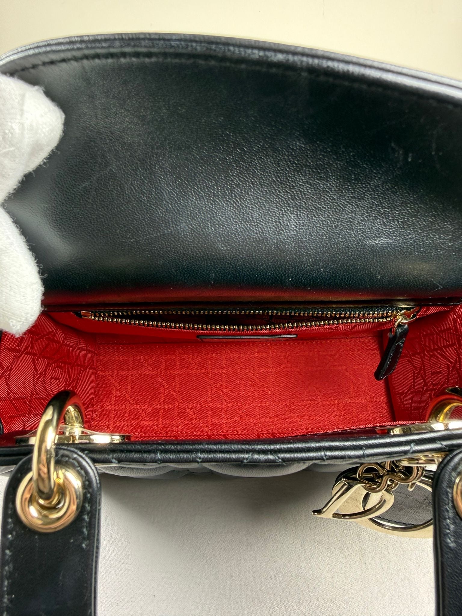 Christian Dior Small Lady Dior Black Lambskin Cannage Bag Gold Hardware + Strap