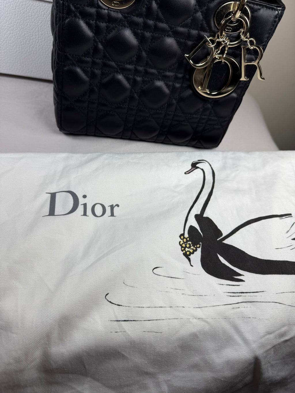 Christian Dior Small Lady Dior Black Lambskin Cannage Bag Gold Hardware + Strap