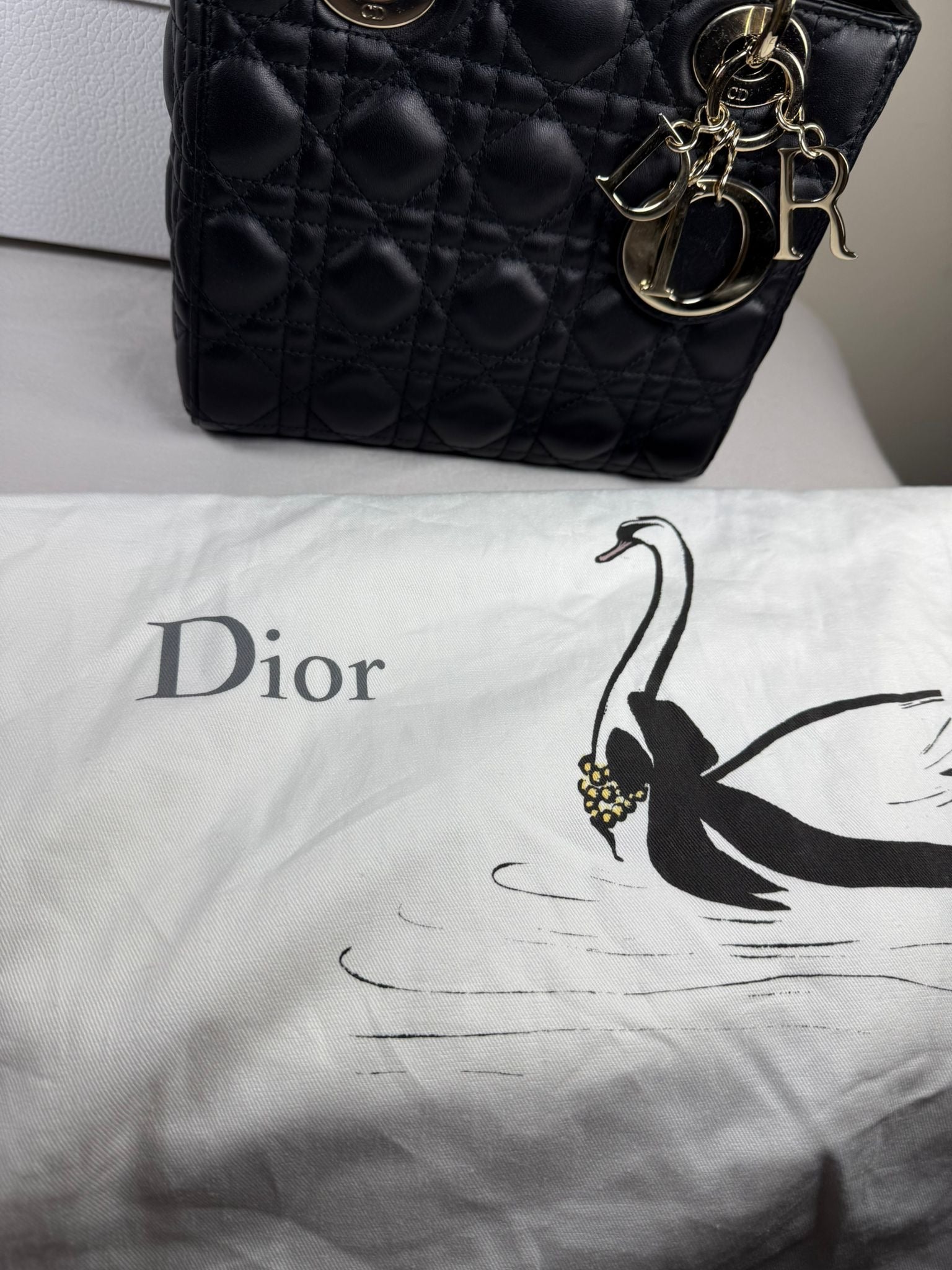 Christian Dior Small Lady Dior Black Lambskin Cannage Bag Gold Hardware + Strap