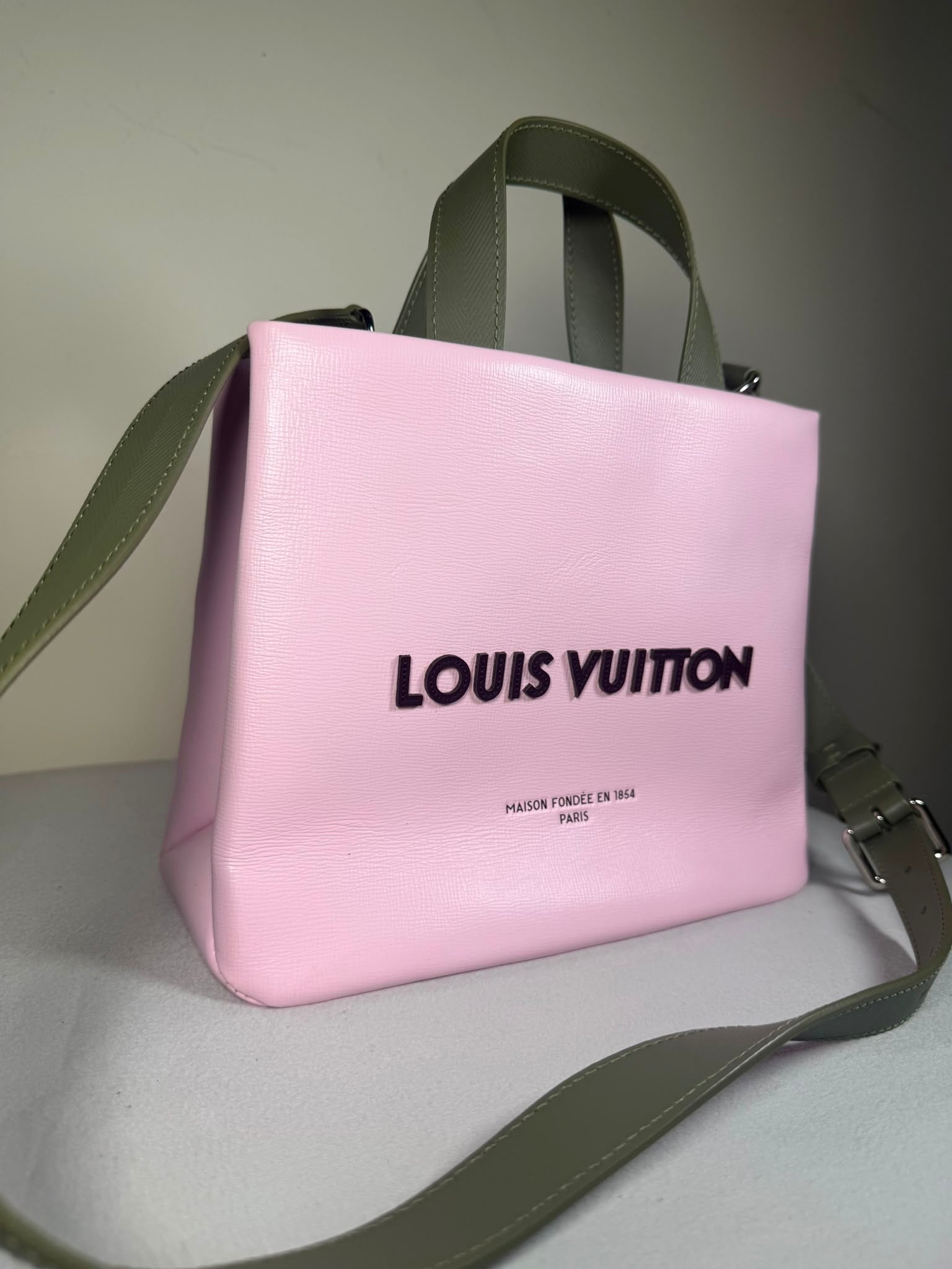 Louis Vuitton Pink & Khaki Leather Tote / Crossbody Bag
